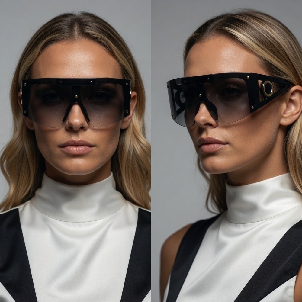 Oversized Women Sunglasses Black Gold Flat Top Futuristic Gradient Lens Eyewear